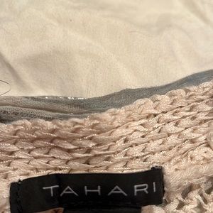 Tahari crocheted sweater XS crop cardigan cream with washed blue and cream scarf